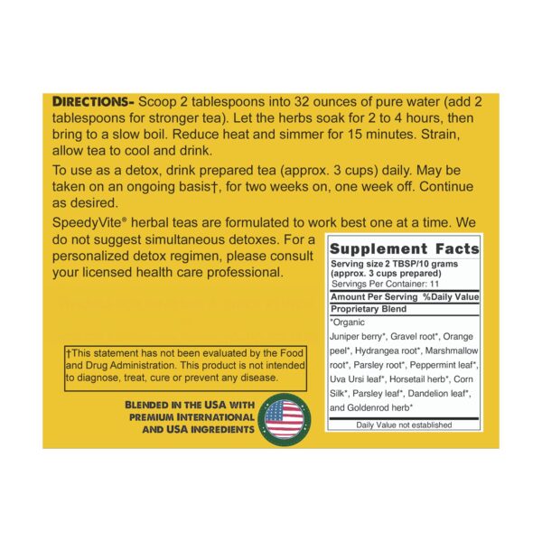 Té herbal orgánico SpeedyVite hoja y bolsa packaging