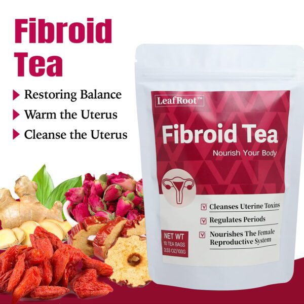 Detalle del paquete de té Leafroot fibromas para mujeres