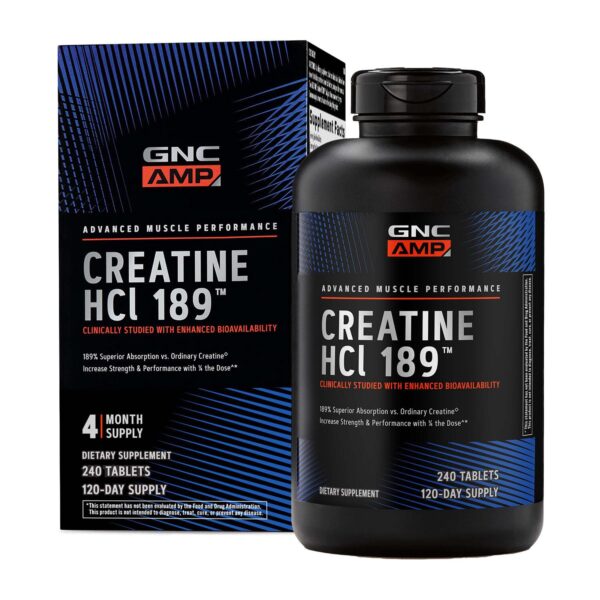 Frente del empaque GNC AMP Creatine HCl 189 píldoras