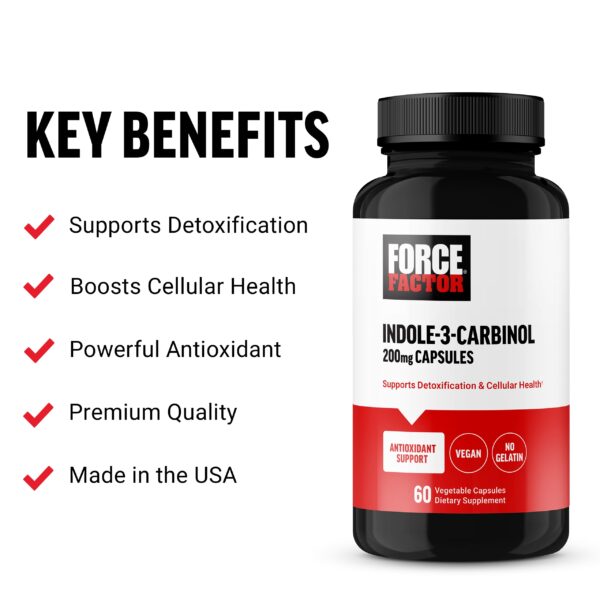 Detalles del envase del suplemento Indole 3 Carbinol 200mg Force Factor.