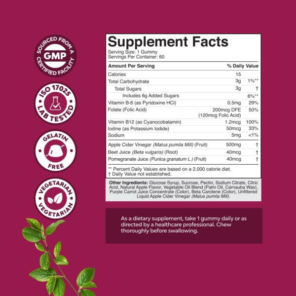 Paquete trasero gomitas vinagre manzana con información nutricional