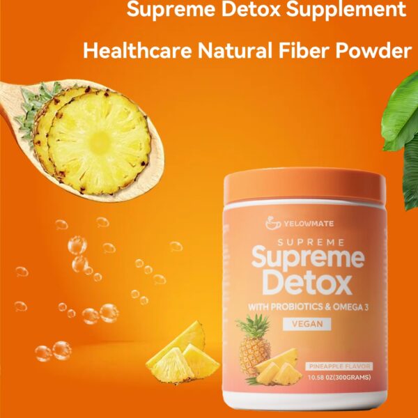 Detalle polvo detox fibra natural YELOWMATE sabor piña