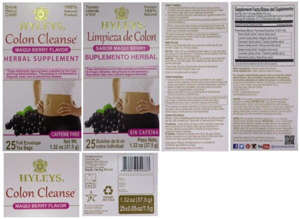 Bolsitas de té herbal limpieza colon Hyleys sin cafeína