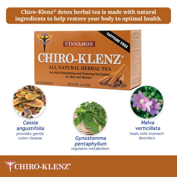 Caja y contenido té detox canela Chiro-Klenz 30 cápsulas