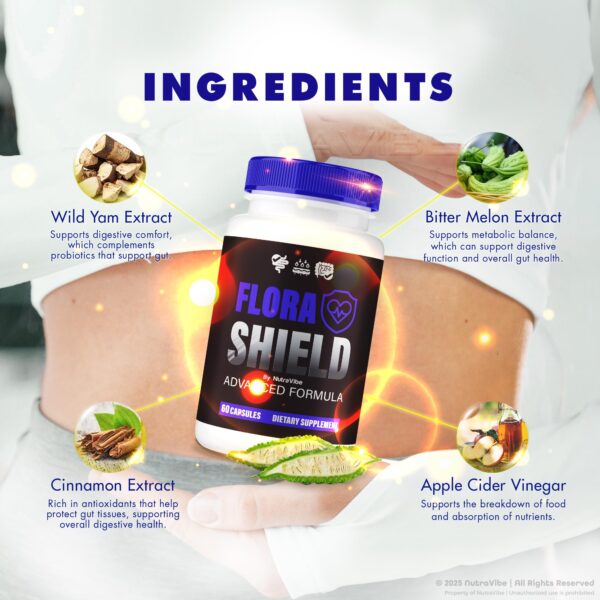 Etiqueta y frasco Flora Shield en primer plano Etiqueta y frasco Flora Shield en primer plano