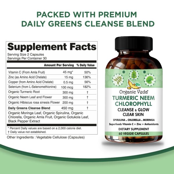 Caja del suplemento Organic Veda con ingredientes naturales y verdes