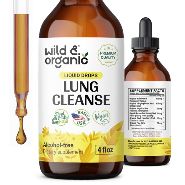 Botella de tintura detox Wild & Organic para limpieza pulmonar vegana