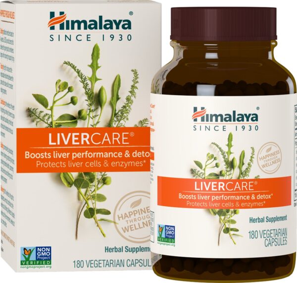 Frasco de suplemento LiverCare para limpieza y apoyo hepático de Himalaya