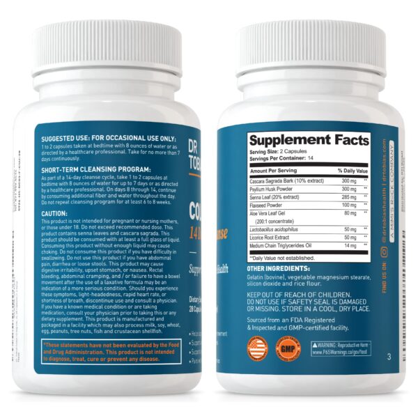 Etiqueta frasco Colon Cleanse Dr Tobias 14 días 28 cápsulas