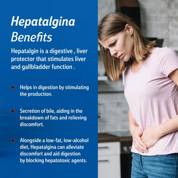 Etiqueta de suplemento Hepatalgina con ingredientes y beneficios