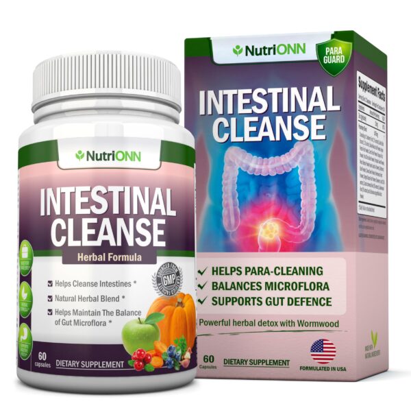 Botella de limpieza intestinal herbal NutriONN con ingredientes naturales