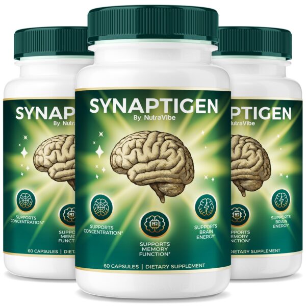 Frasco de cápsulas Synaptigen NutraVibe para enfoque y memoria