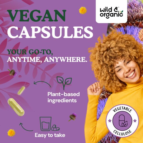 Detalle de cápsulas veganas para apoyo hepático Wild & Organic