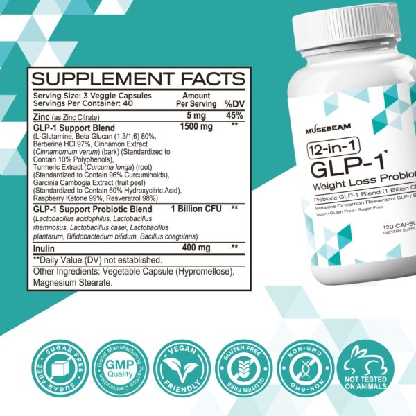 Envase de 120 cápsulas de suplemento GLP-1 musebeam