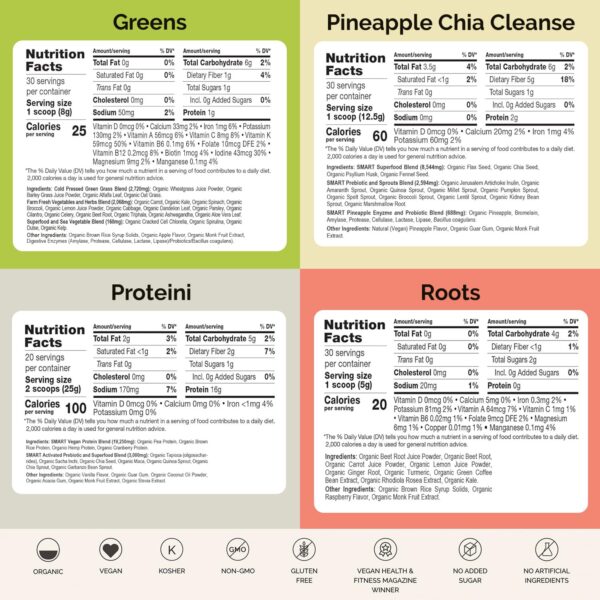 Paquete surtido de jugos verdes y proteína vegana de vainilla