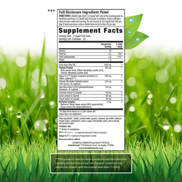 Detalle de cápsulas blandas líquidas Irwin Naturals Aloe y Triphala