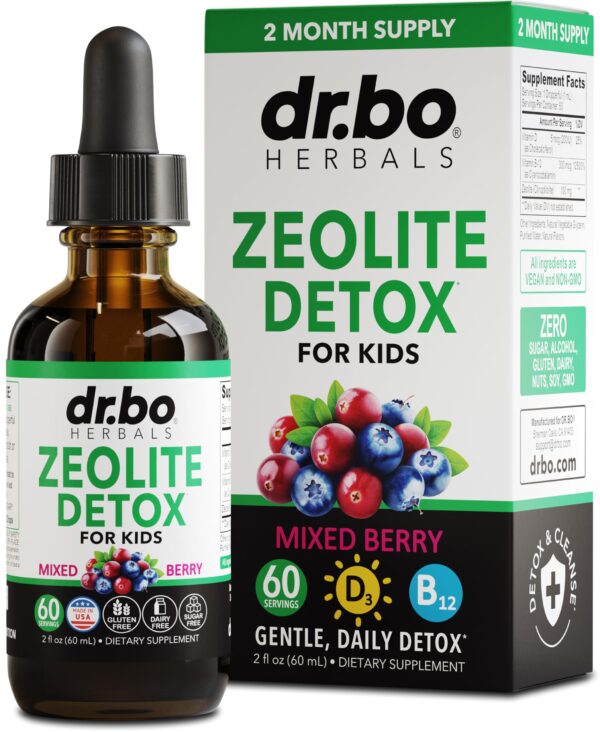 Frasco gotas líquidas Zeolite Detox para niños Dr. Bo sabor baya