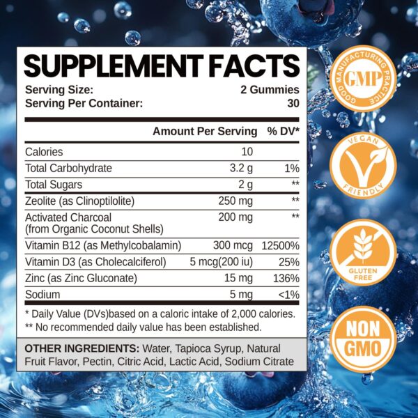 Frasco de gomitas zeolita con vitaminas B12 y D3 para salud intestinal