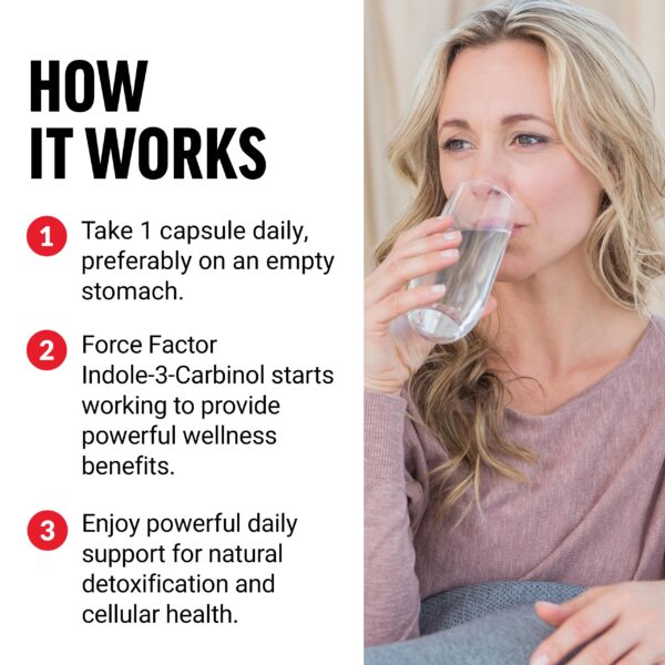 Vista lateral del suplemento Indole 3 Carbinol Force Factor, detalle de instrucciones.