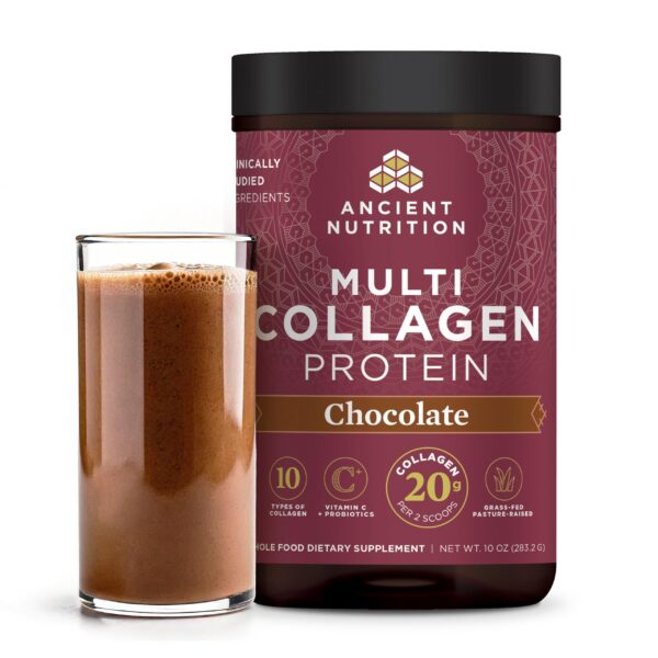 Envase de Ancient Nutrition Multi Collagen Protein Chocolate 24 porciones