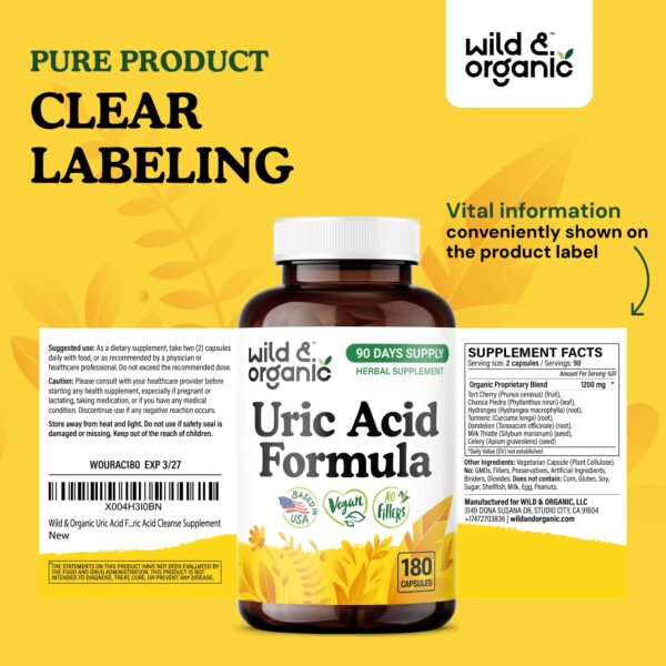 Frontal y etiqueta del producto Wild & Organic cápsulas ácido úrico