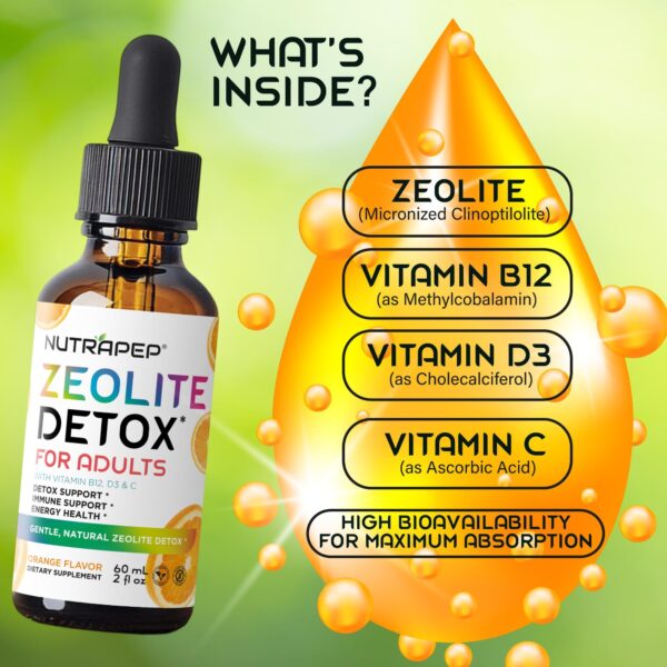 Detalle frasco NutraPep gotas detox zeolita con sabor a naranja Detalle frasco NutraPep gotas detox zeolita con sabor a naranja