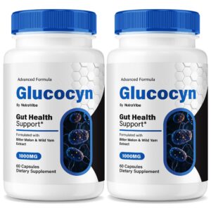 Frasco de NutraVibe Glucocyn Gut Health cápsulas