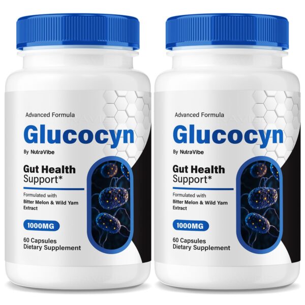 Frasco de NutraVibe Glucocyn Gut Health cápsulas Frasco de NutraVibe Glucocyn Gut Health cápsulas