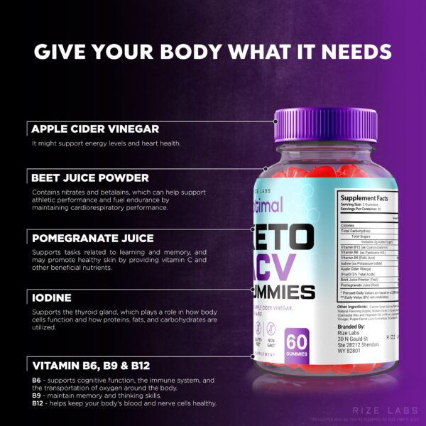 Rótulo y detalles gomitas rize labs Keto ACV