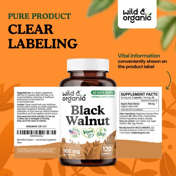 Frasco con 120 cápsulas de nogal negro para soporte de limpieza