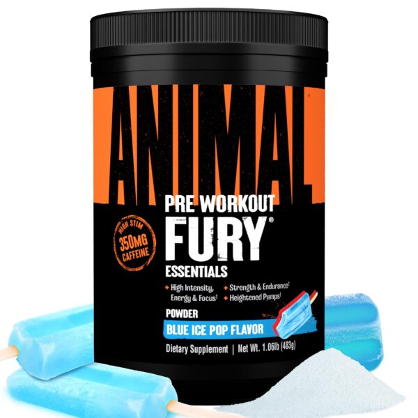 Envase de polvo pre entreno Animal Fury sabor Blue Ice Pop