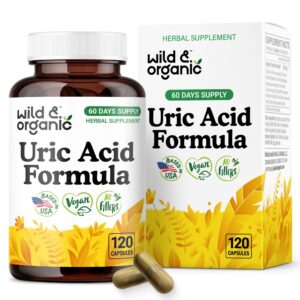 Frasco de cápsulas Wild & Organic para ácido úrico con ingredientes naturales
