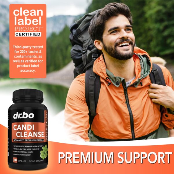 Vista lateral del frasco cápsulas Candi Cleanse para apoyo digestivo y detox