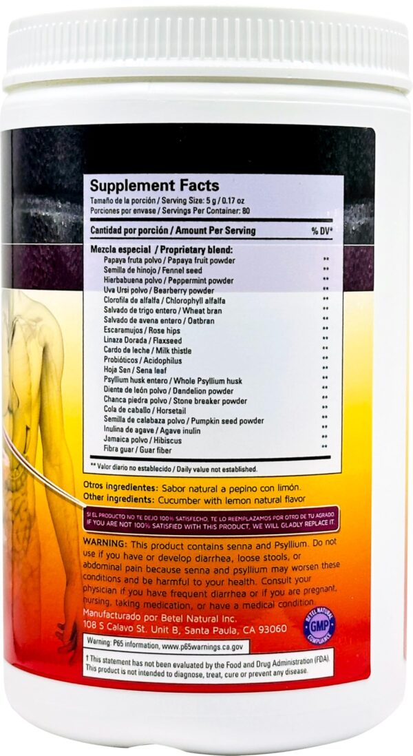 Betel Natural Detoxsan polvo detox fibra natural sabor pepino limón
