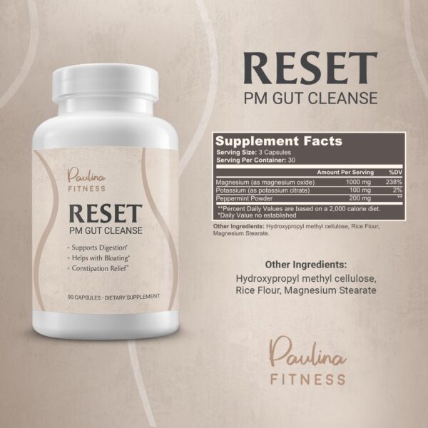 Frasco suplemento detox Paulina FITNESS Reset para salud intestinal