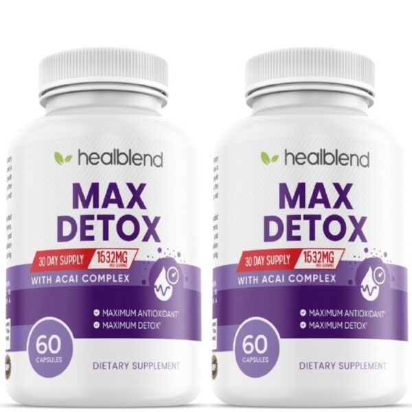 Max Detox suplemento frasco y cápsulas para limpieza intestinal