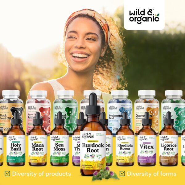 Folletos informativos de gotas de raíz de bardana Wild & Organic