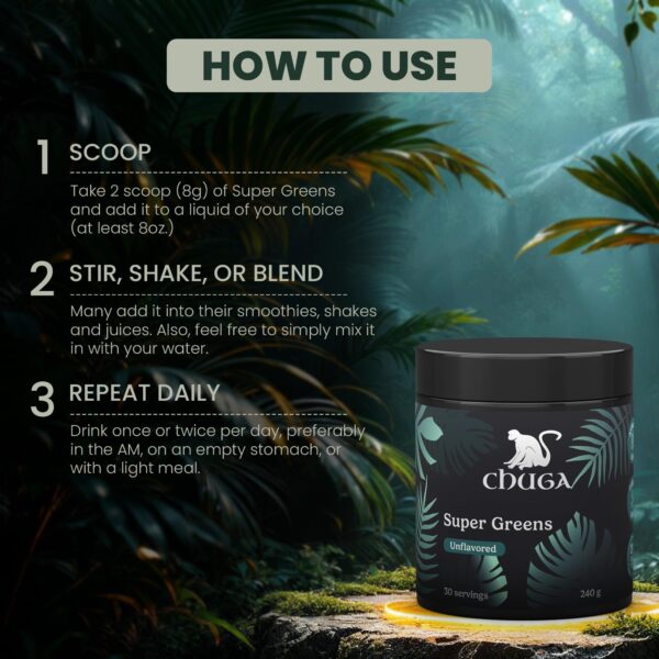 Caja de Chuga's Super Greens Powder y etiqueta