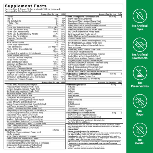 Detalle nutritional facts Force Factor Greens superalimentos
