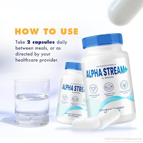 Frasco cápsulas NutraVibe Alpha Stream+ para flujo urinario cómodo