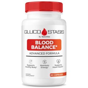 Frasco de suplemento Gluco Stasis NutraVibe para energía y circulación