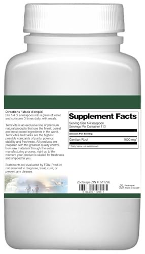 Detalle etiqueta polvo raíz genciana Terravita 4 oz