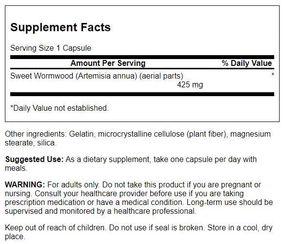 Etiqueta suplemento Swanson Artemisa Dulce 425mg