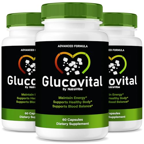 Frasco de cápsulas Glucovital NutraVibe paquete triple 180 cápsulas