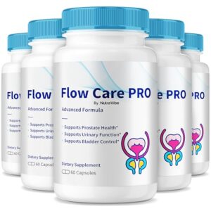 Paquete y frascos de NutraVibe Flow Care Pro 300 cápsulas