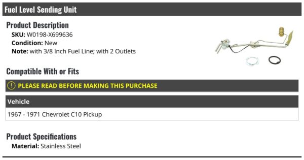 unidad envío nivel combustible con 2 salidas para chevy c10 pickup