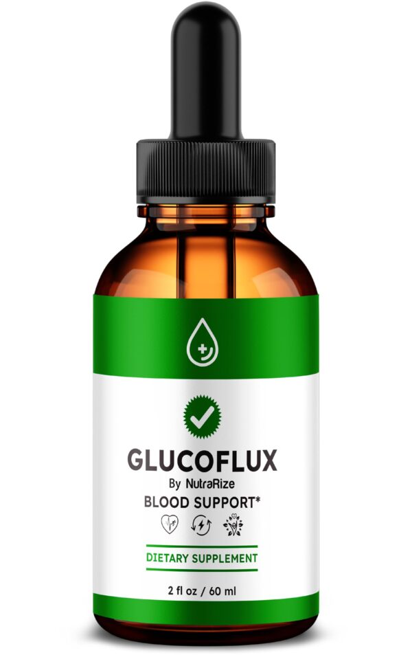 Botella de gotas NutraRize GlucoFlux para salud natural
