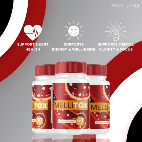 Frasco cápsulas MelliTox suplemento rize labs 60 unidades