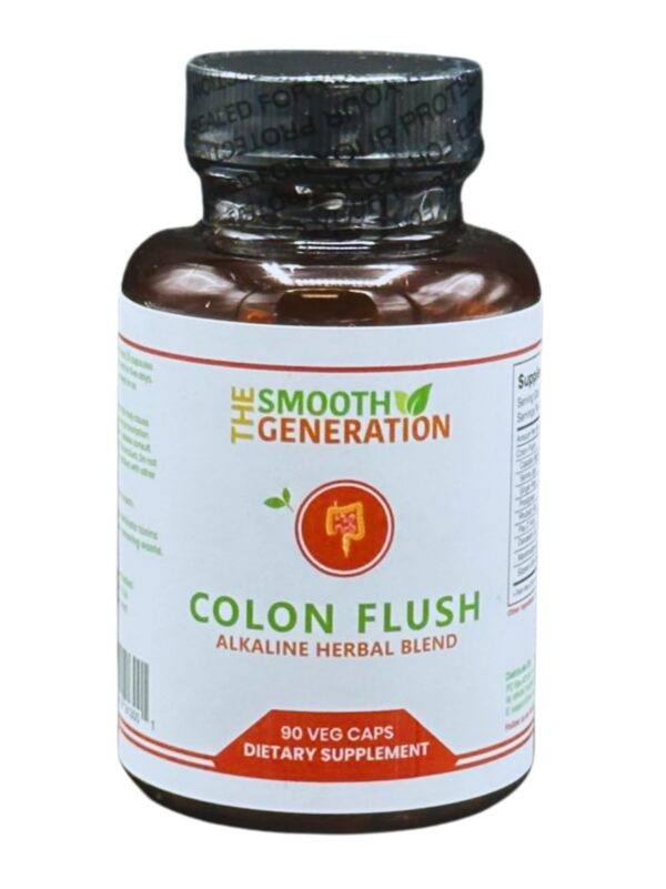 Frasco de cápsulas Colon Flush Detox de The Smooth Generation, frente