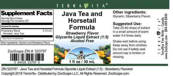 Etiqueta del extracto líquido de Té Java y Cola de Caballo TerraVita